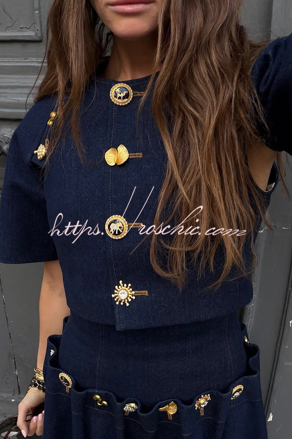 Custom Look Denim Unique Metal Pattern Buttons Slit Half Sleeve Crop Jacket