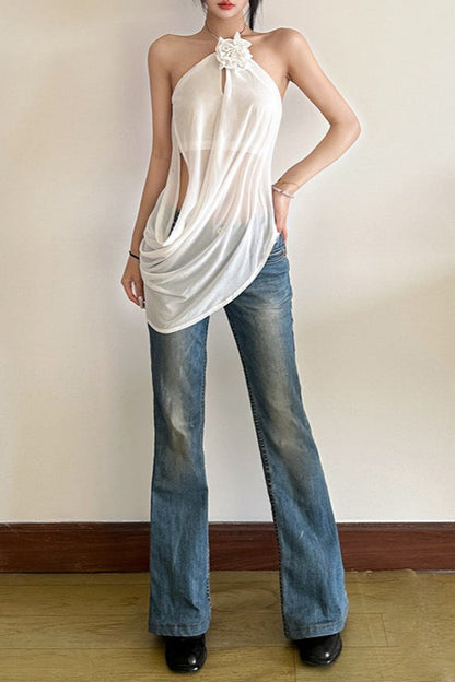 Blusa sólida, suelta, fluida, con cuello halter y sin espalda