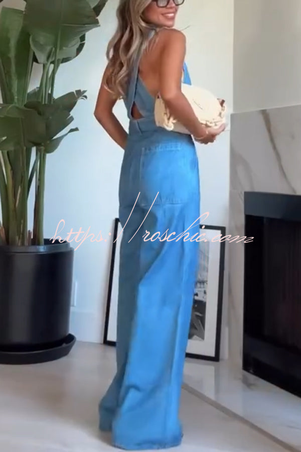 Bold Design Denim Vest-inspired Bodice Crisscross Strap Pocket Loose Jumpsuit
