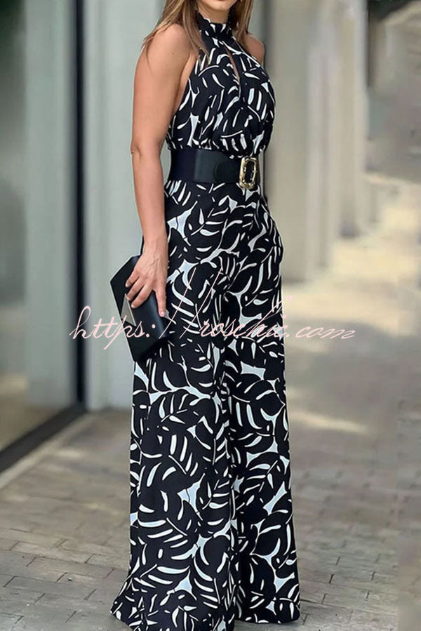 Printed Hollow Halter Sleeveless Waisted Wide Leg Jumpsuit