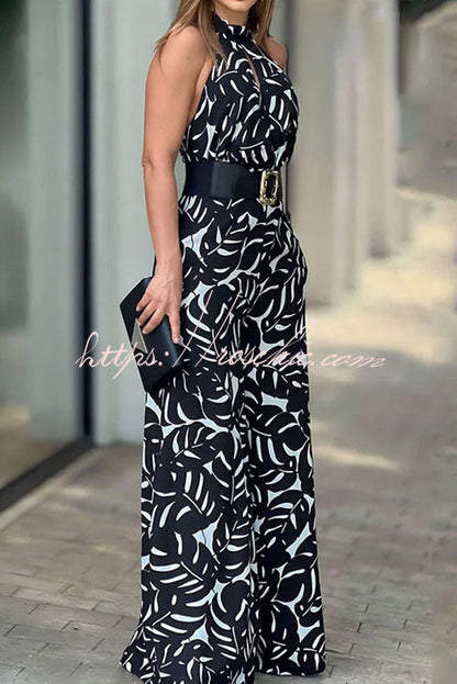 Printed Hollow Halter Sleeveless Waisted Wide Leg Jumpsuit