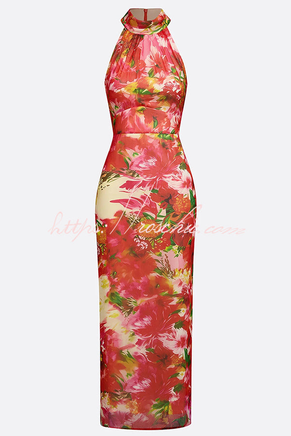 Garden Glamour Chiffon Floral Print High Neck Sleeveless Slit Maxi Dress