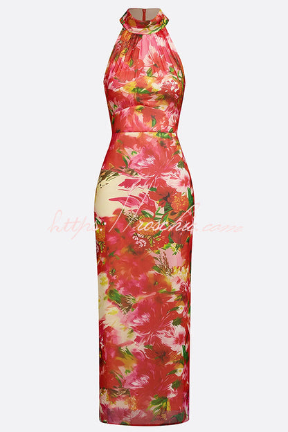 Garden Glamour Chiffon Floral Print High Neck Sleeveless Slit Maxi Dress