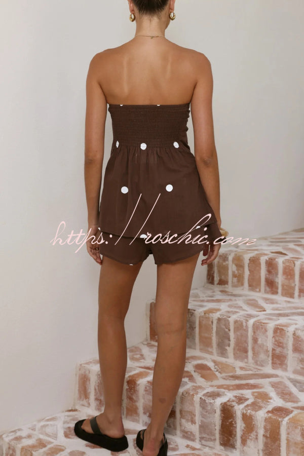 Polka Dot Print Sleeveless Off-shoulder Top and Elastic Waist Casual Pocket Shorts Set