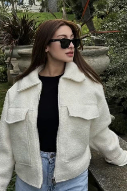 Cropped Boucle Zip Front Jacket