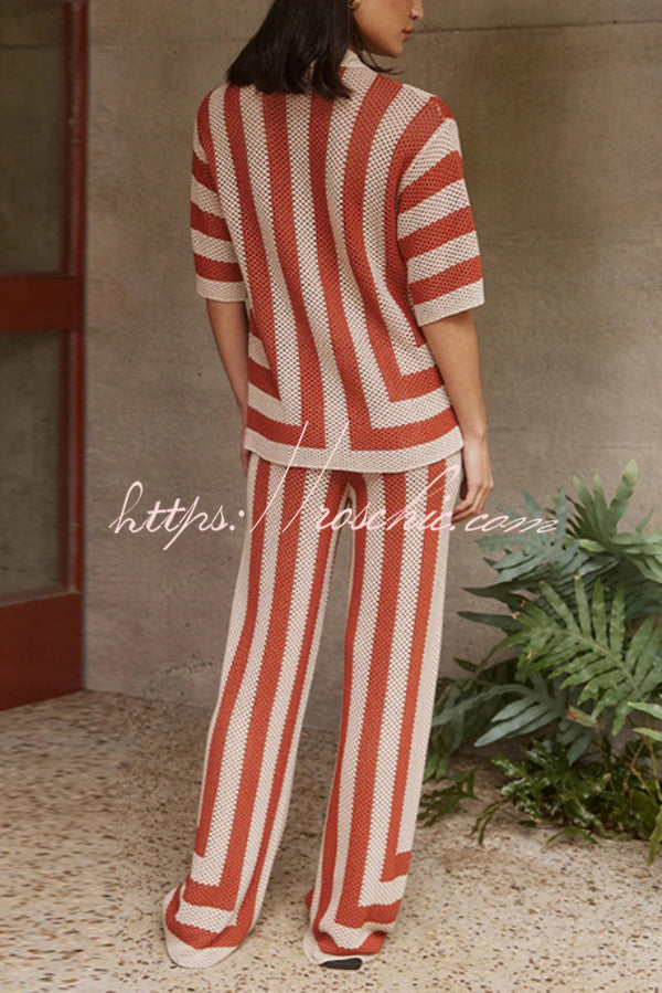 Stylish Knitted Collared Short-Sleeved Button-Up Top and Elastic Waist Casual Pants Cover-Up Set