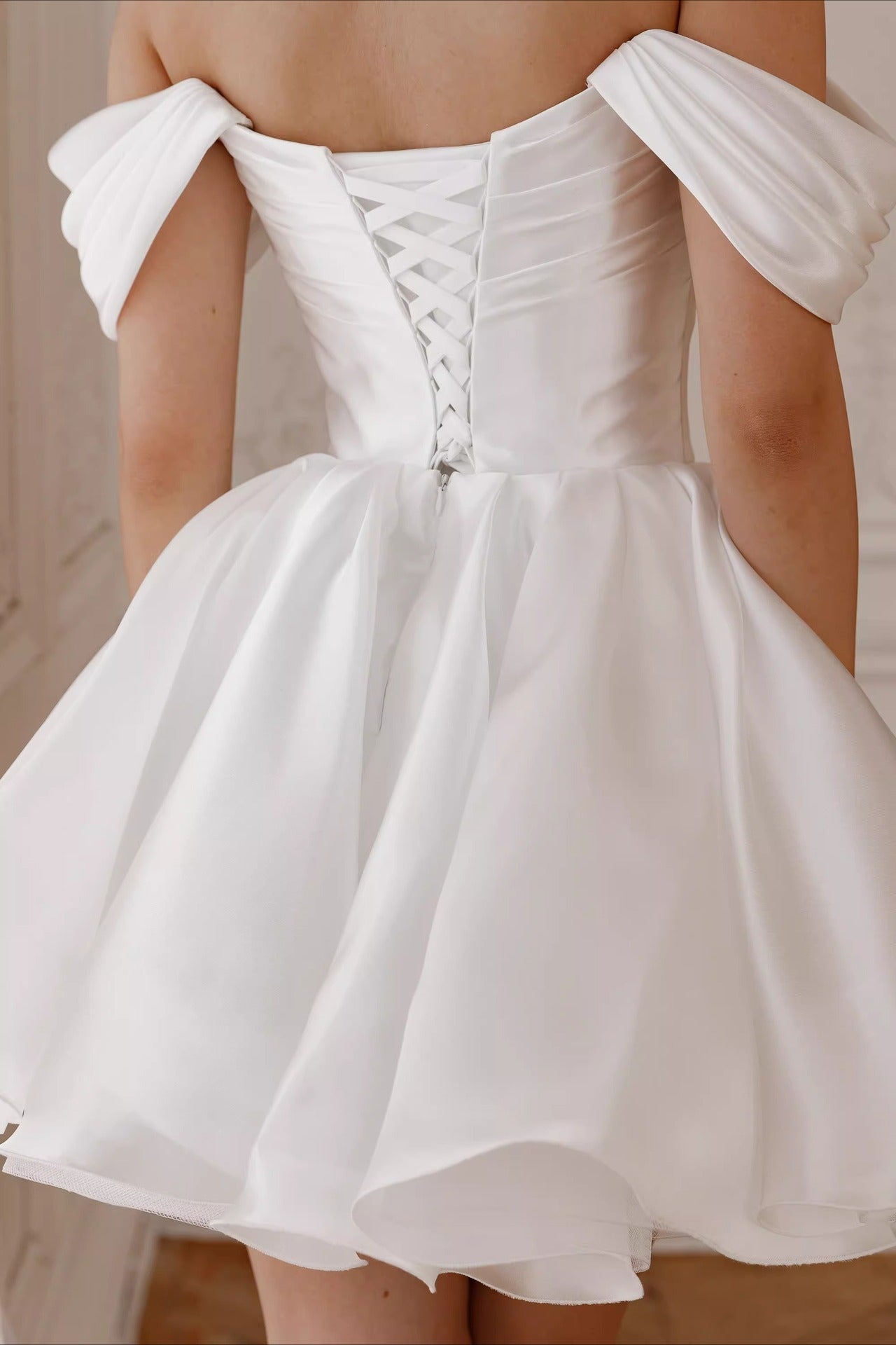 Minimalist Off Shoulder Tie Back Tulle Reception Dress