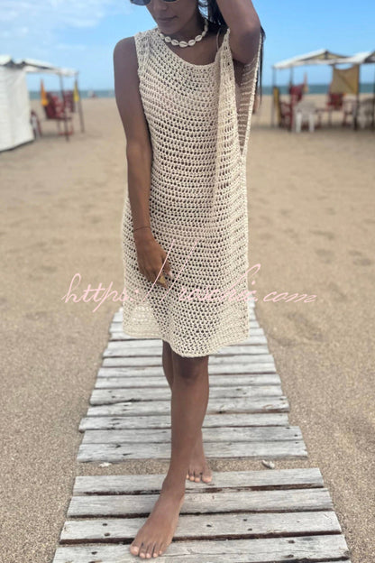 Fashionable Loose-fitting Openwork Sleeveless Casual Knitted Cover-up Mini Dress