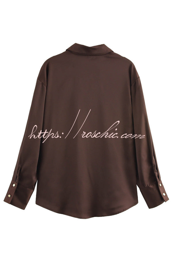 Solid Color Silk Satin Texture Single-breasted Long-sleeved Loose Shirt
