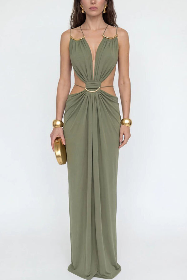 Athena Metal-Link Cutout Design Back Lace-up Drape Maxi Dress