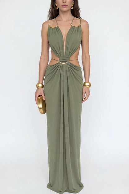 Athena Metal-Link Cutout Design Back Lace-up Drape Maxi Dress
