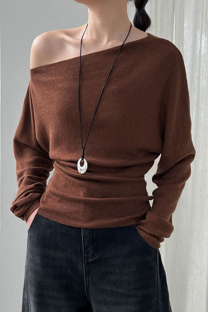 Waist Defining Asymmetric Shoulder Knit Top
