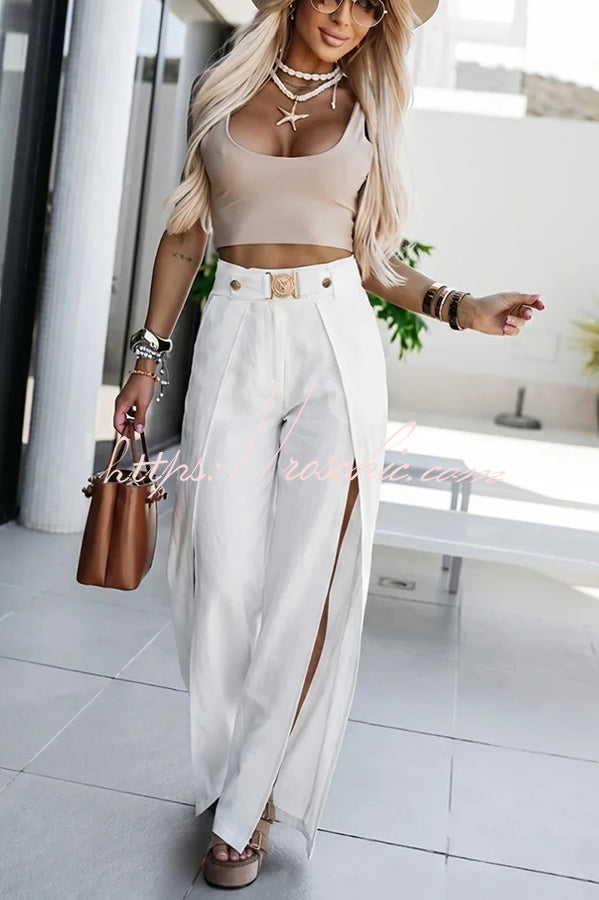 Mezcal High Rise Metal Buckle Elastic Waist Belt Slit Wide Leg Pants