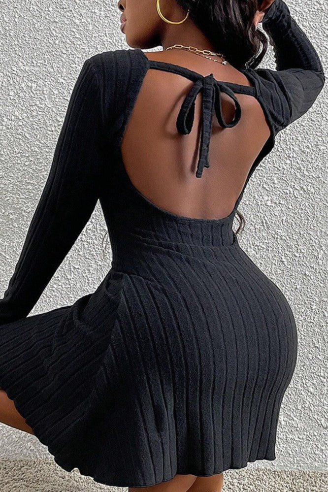 Simple  Backless High Waist Long Sleeve Mini Sweater Dress