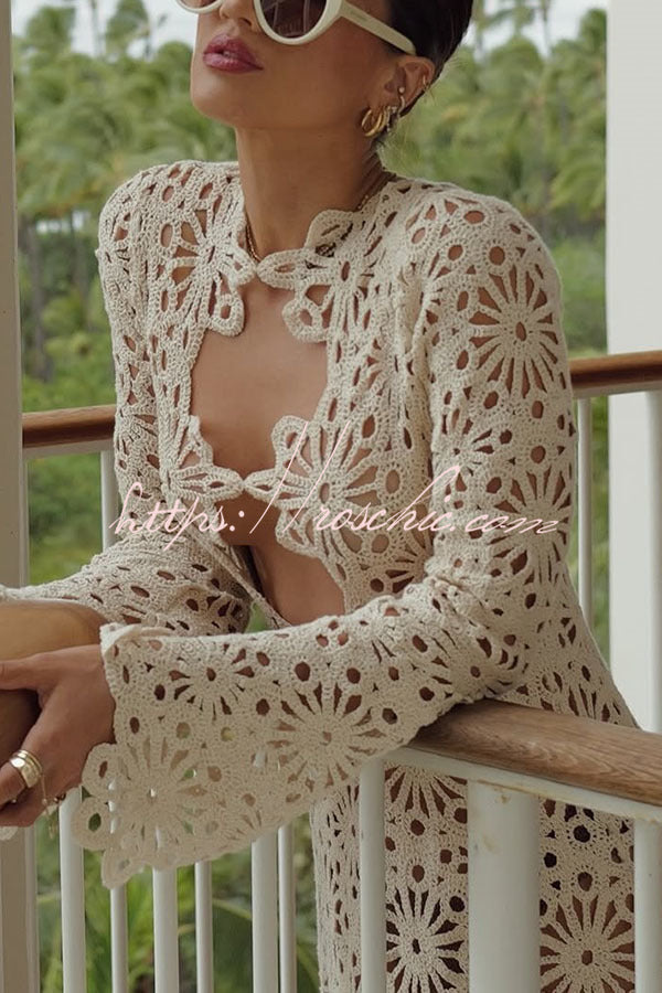 Easy Resort Knit Crochet Cutout Long Sleeve Reversible Vacation Maxi Dress