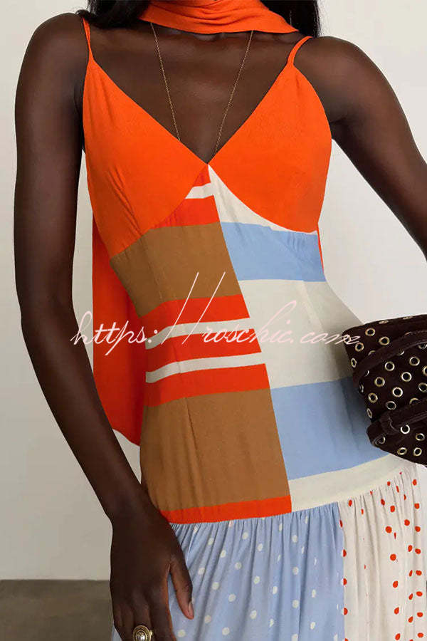 Vibrant Touch Color-blocked Polka Dot Print Slip Pleated Hem Maxi Dress