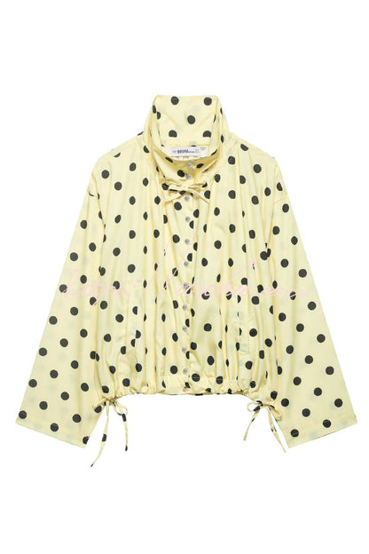 Polka Dot Print Loose Stand Collar Button Bow Tie Casual Long-sleeved Jacket
