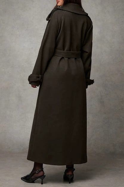Wool Double Breasted Lapel Tie Long  Overcoat