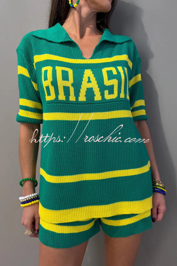 World Cup-themed Jacquard V-neck Short-sleeved Loose-fitting Top and Casual Stretch Shorts Knit Set