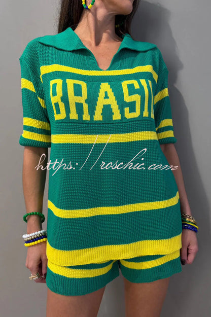 World Cup-themed Jacquard V-neck Short-sleeved Loose-fitting Top and Casual Stretch Shorts Knit Set