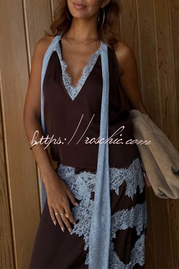Sunday Social Contrast Color Satin Lace Trim Neck Strap Loose Tank (Shipped Within 24 Hours)