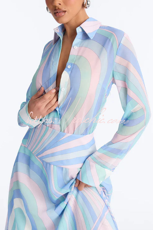 Gianna Chiffon Unique Print Button Long Sleeve Flare Hem Shirt Maxi Dress