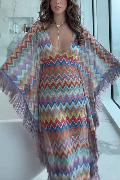 Casie Knit Colorful Zigzag Pattern Fringe Trim Cover-up Vacation Maxi Dress