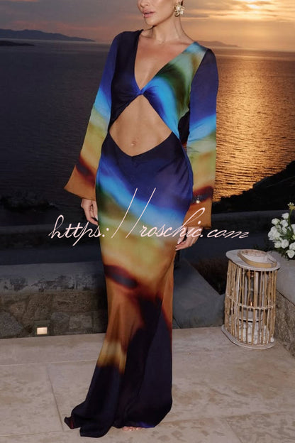 Medellin Neon Print Cowl Neck Twist Detail Long Sleeve Vacation Maxi Dress