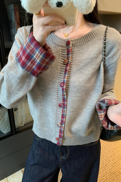 Red Plaid Contrast Round Neck Cardigan