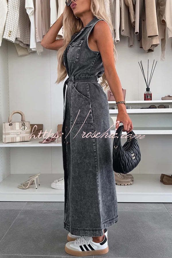 Solid Color Sleeveless Single Breasted Waist Tie Casual Pocket Denim Midi Dress