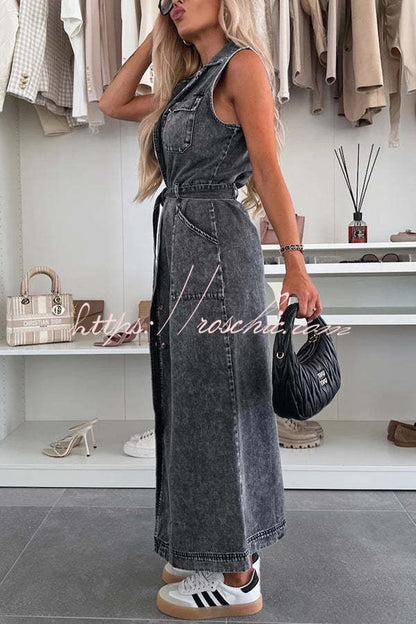 Solid Color Sleeveless Single Breasted Waist Tie Casual Pocket Denim Midi Dress