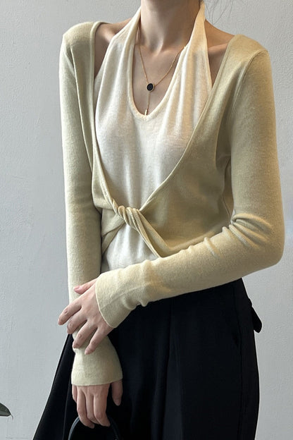 Camiseta de manga larga tipo halter con capas de patchwork