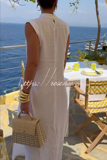 Elegant Resort Linen Blend Stand Neck Front Slit Midi Top and Elastic Waist Loose Pants Set
