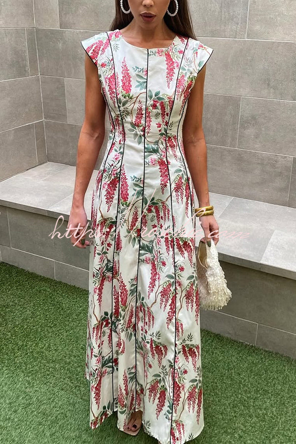 Kaydien Linen Blend Floral Print Contrast Princess Line Short Sleeve Maxi Dress