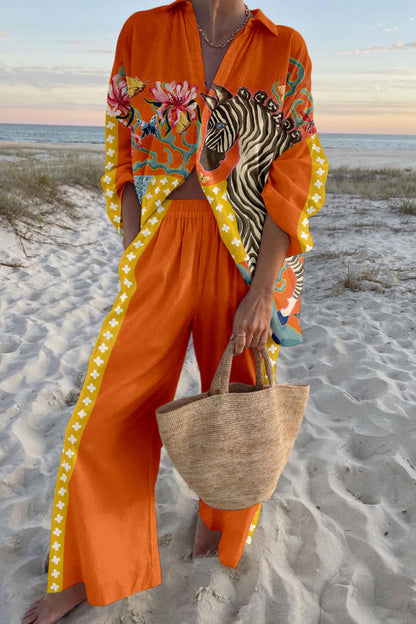 Zebra Print Oversized Shirt and Elastic Waist Pocket Pants Set