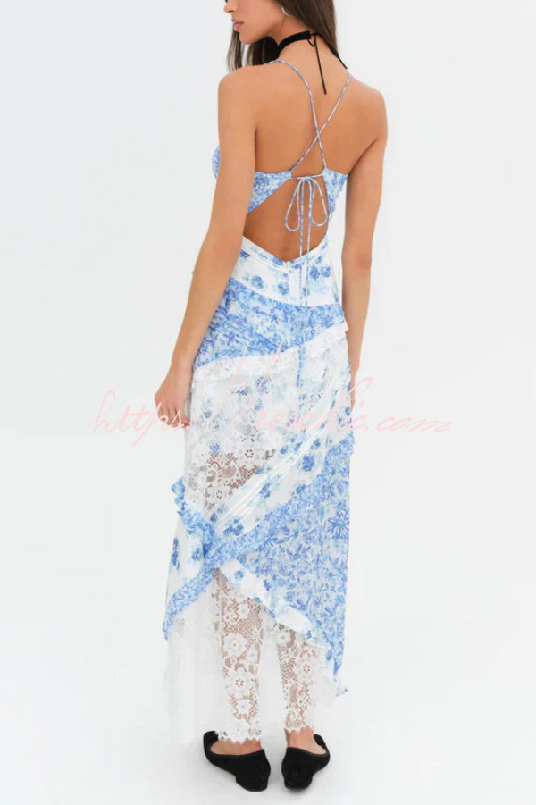Fashionable Floral Print Lace Patchwork Hollow-out Slim Fit Vacation Ruffle Maxi Dress