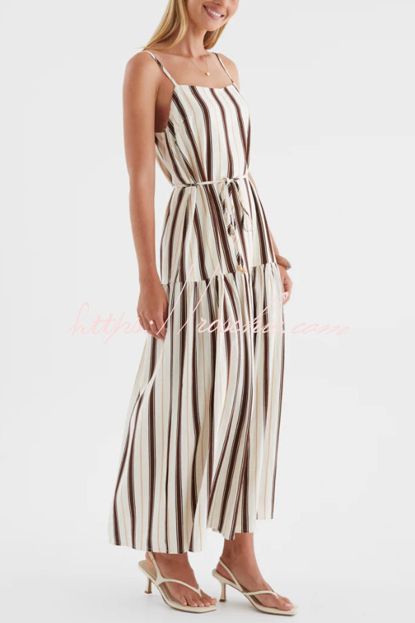 Striped Printed Spaghetti Strap Sleeveless Tie-up Casual Vacation Maxi Dress