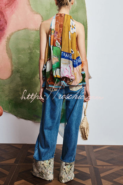 Artwork Print Chiffon Metal Clasp Halter Neck Gathered Drop Asymmetrical Hem Top