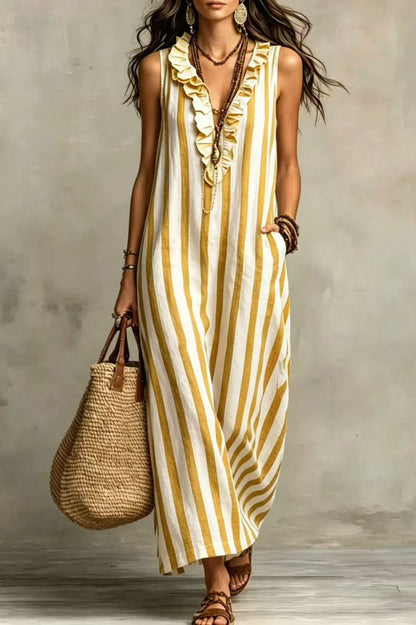 Fashionable Striped Print V-neck Ruffled Sleeveless Pockets Casual Midi Dress