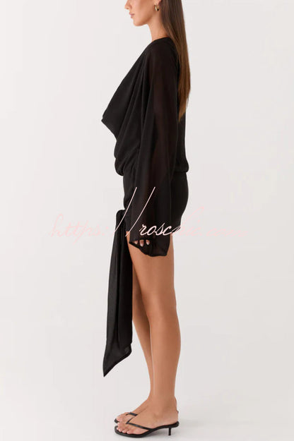Tie-dye Print V-neck Long-sleeved Ribbon Vacation Mini Dress