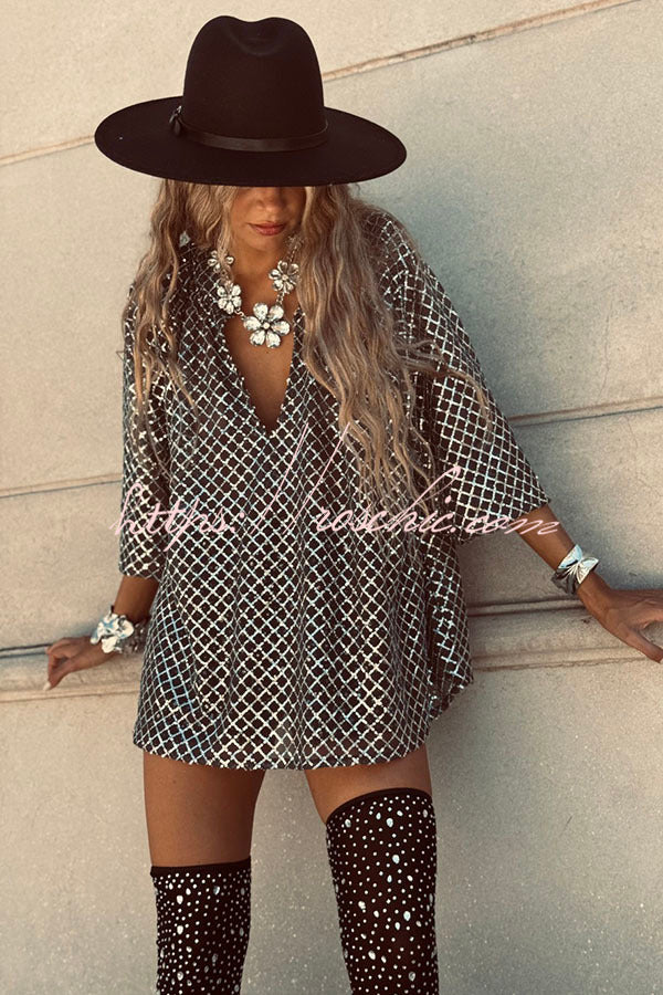 All about Glam Collar Sequin V-neck Half Sleeve Loose Top