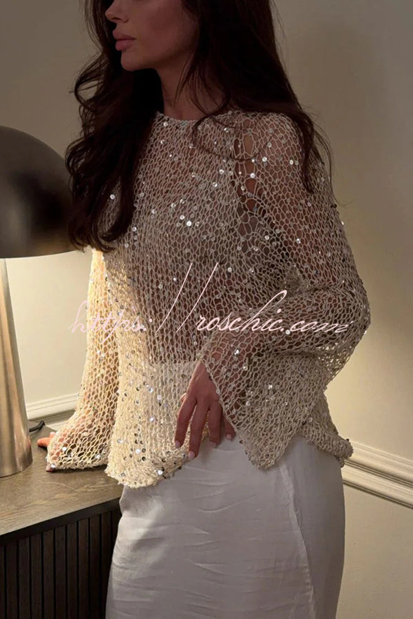 Fashion Sequined Hollow Long Sleeve Loose Knit Top