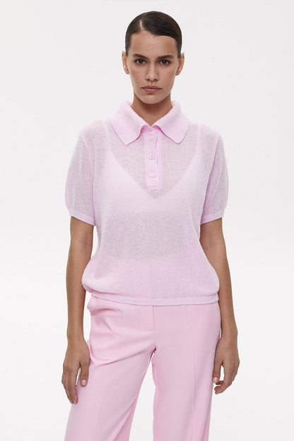 Blusa Minimalista Tejida Calada de Polo con Mangas Abullonadas