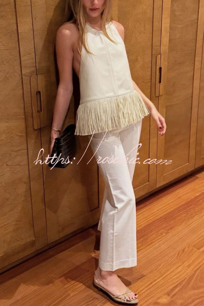 Stylish Halter Neck Sleeveless Leather Tassel Loose Top