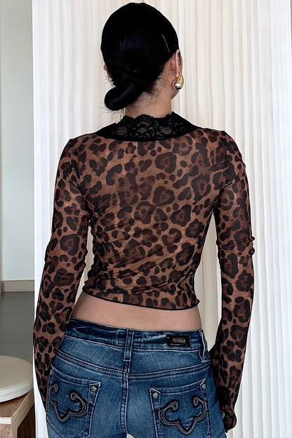 Printed Mesh Ruffled Sheer Chic  Crop Top