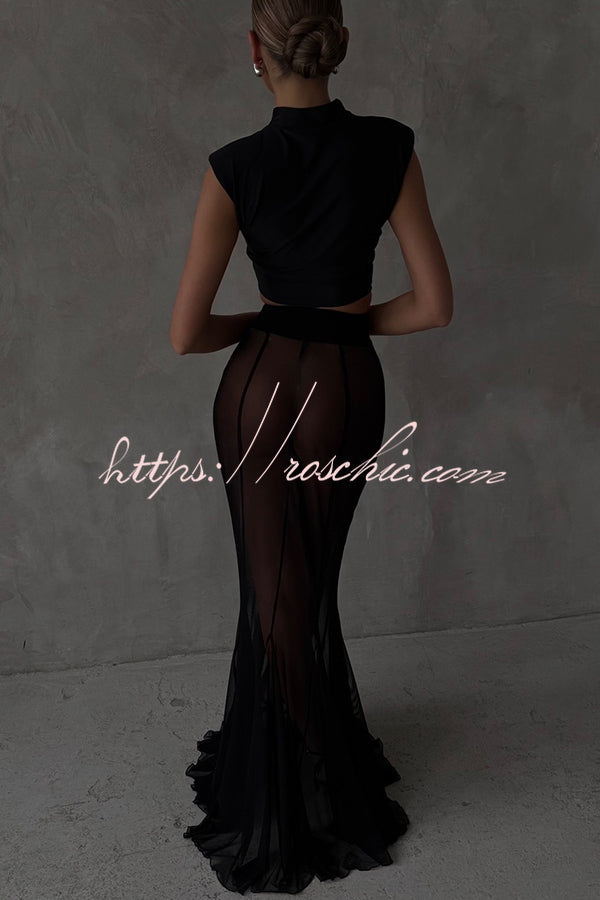 Shes Timeless Mesh High Rise Elastic Waist Fishtail Maxi Skirt