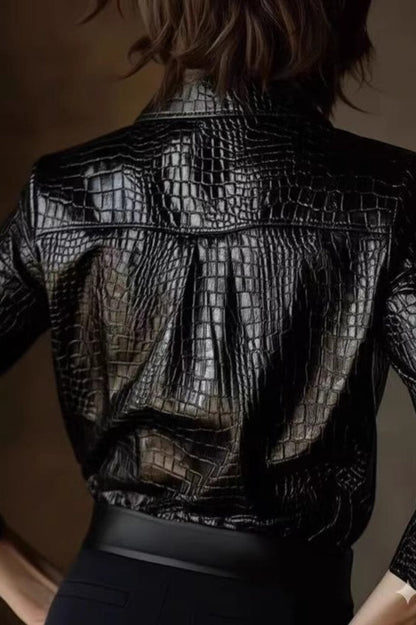 Snake Print Faux Leather Shiny Long Sleeve Chic Blouse