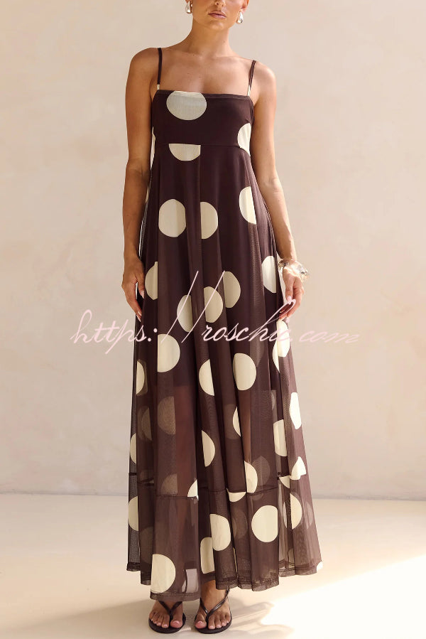 Polka Dot Print Mesh Spaghetti Strap Square Neck Vacation Maxi Dress