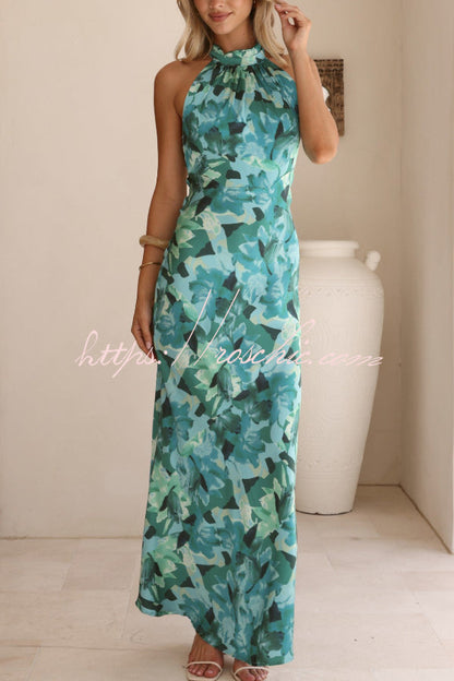Floral Print Sleeveless Halter Neck Tie Holiday Maxi Dress
