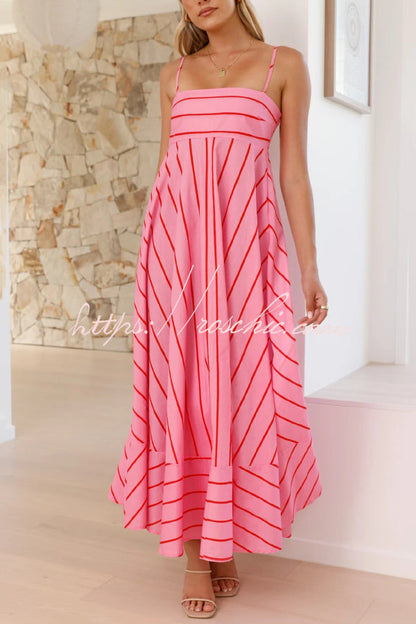 Striped Printed Spaghetti Strap Sleeveless Back Pleated Casual Maxi Dress